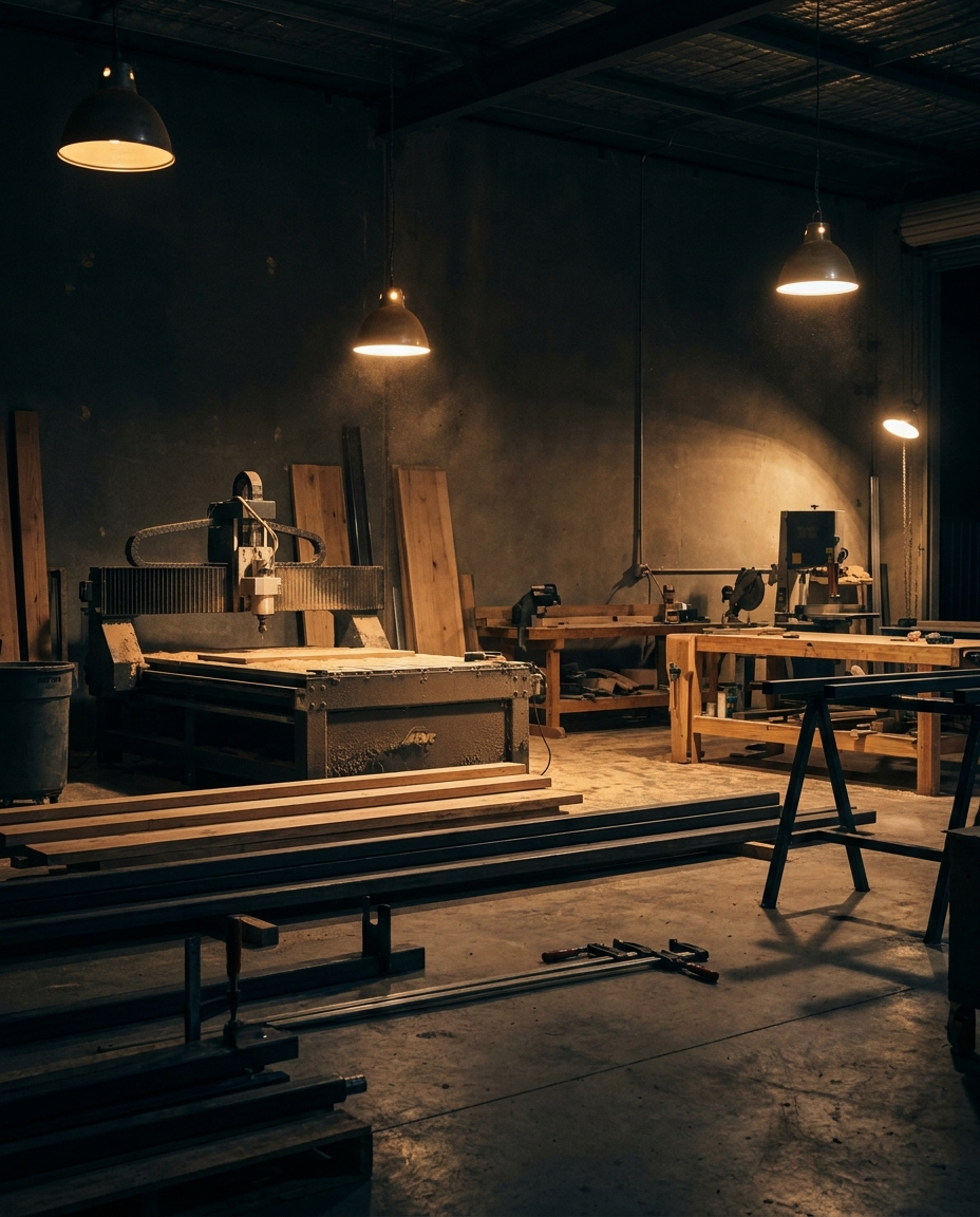 Custom Line factory floor — CNC, joinery and steel benches